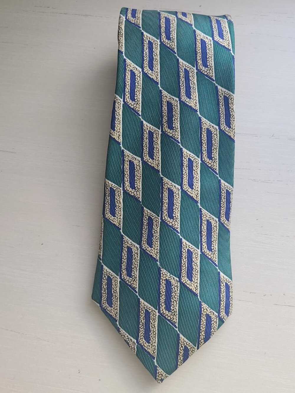 Vintage Jos A Bank Premier Collection Silk Tie Made USA Green Geometric 4" Wide